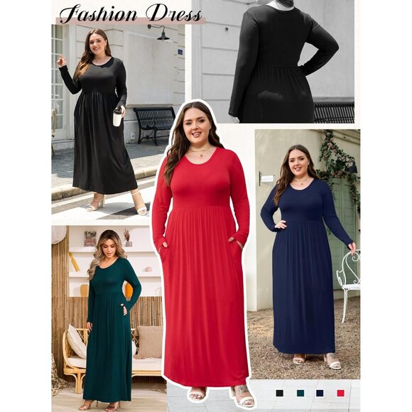 Plus Size Maxi Dress Women's Long Sleeve Casual Fall with Pockets XL-6XL - Picture 5 of 5